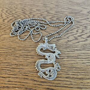 Vintage Mens Pewter Dragon Skull and Crystal Pendant Necklace Preowned